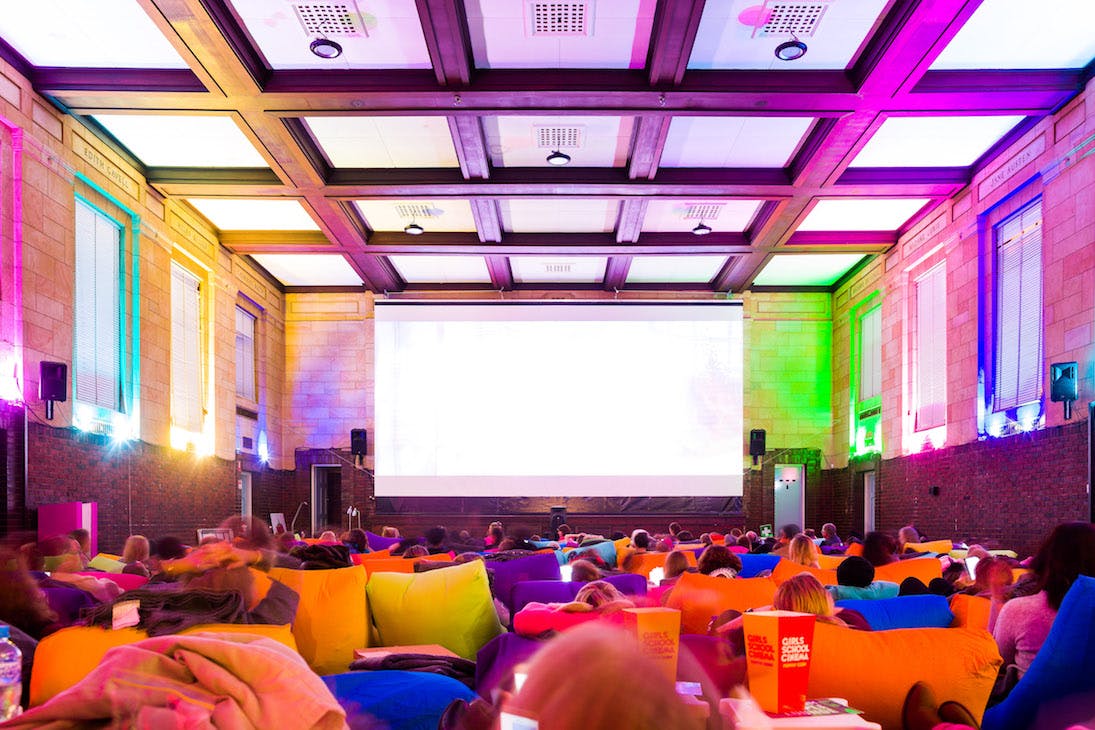 inside Girls School Cinema with bright bean bags